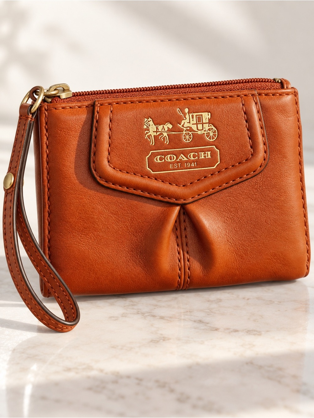 Coach Cognac Orange Leather Wristlet Wallet Gold Logo Vintage Y2K